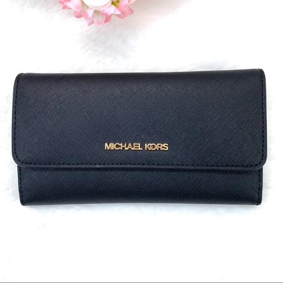 Michael Kors Jet Set Travel Large Trifold Leather Wallet in BLACK/ GOLD TONE - Picture 1 of 8